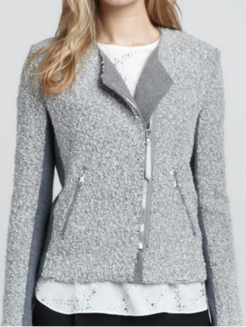 Rebecca Taylor Light Gray Bouclé Zip-Front Blazer
